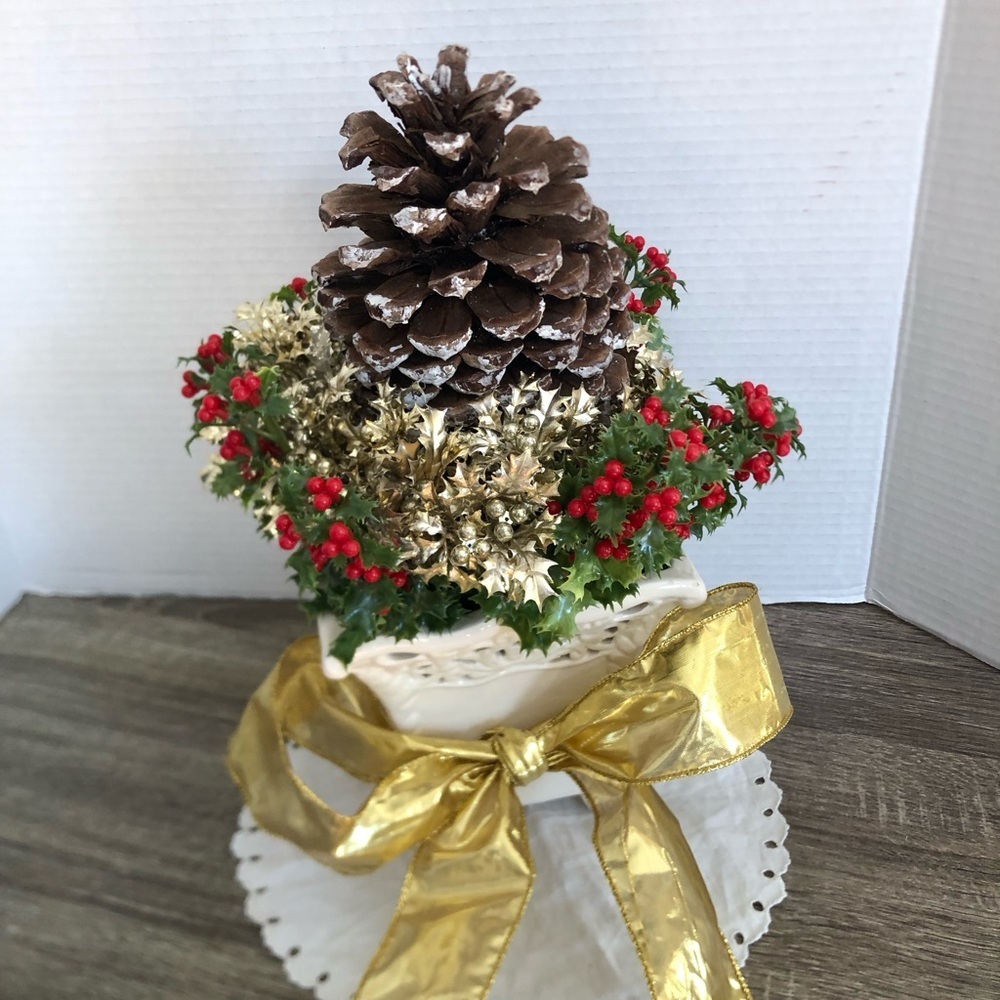 Handmade Holiday Pinecone and Berry Centerpiece with Gold Ribbon